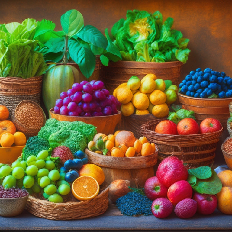 A vibrant, overflowing farmer's market stall with a mix of colorful fruits, leafy greens, and whole grains, contrasted with a subtle, faded background of empty wallets and scattered coins.