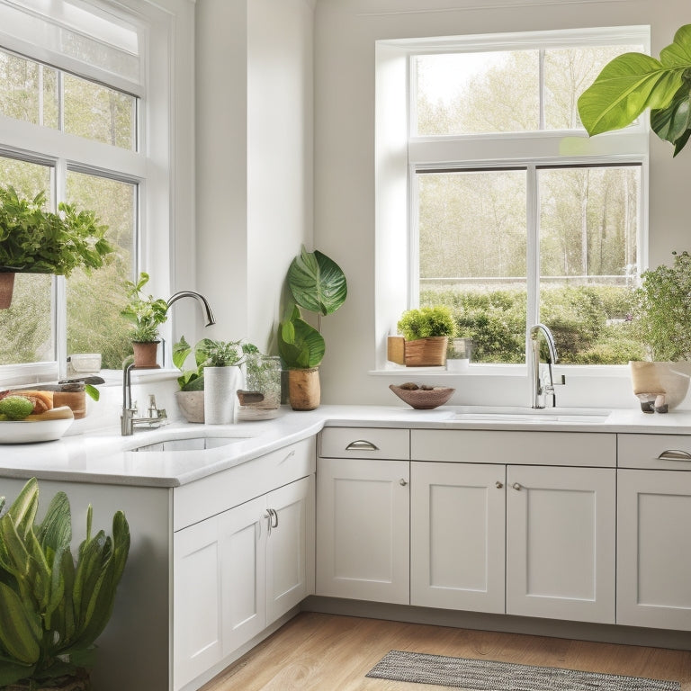 A bright, modern kitchen with a curved corner bench, sleek white cabinets, and a large window above the sink, featuring a mix of warm and cool tones, and a few potted plants on the counter.