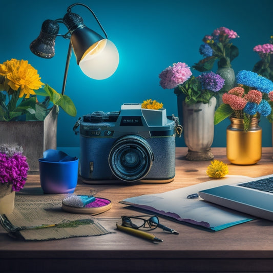 A vibrant, stylized illustration of a blogger's desk, with a laptop and papers overflowing with creative ideas, surrounded by blooming flowers and bursting light bulbs, symbolizing growth and innovation.