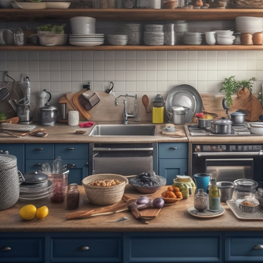 A cluttered kitchen with stacks of dirty dishes, overflowing countertops, and a messy island, contrasting with a small, organized section in the corner featuring a few sleek appliances and a few neatly arranged utensils.