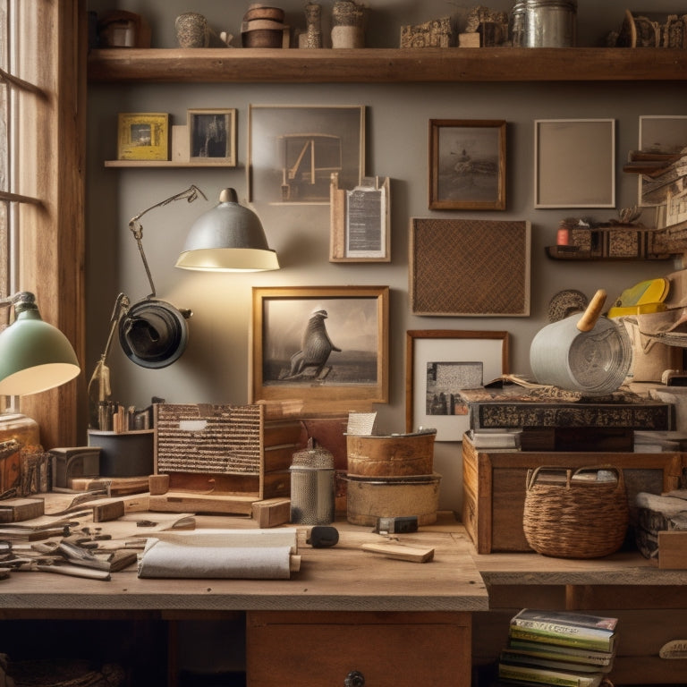 A cluttered but organized DIY workspace with a wooden closet frame, scattered power tools, and an assortment of lumber pieces, surrounded by inspirational design magazines and coffee cups.