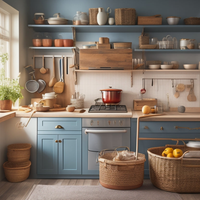 A tidy kitchen with a mix of open and closed storage units, baskets, and bins in a warm, natural color palette, with a few strategically placed kitchen utensils and gadgets.