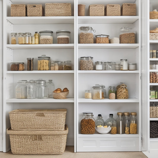 A tidy pantry with adjustable shelves, wicker baskets, and clear glass jars, featuring a lazy Susan, a spice rack, and a built-in chalkboard, set against a calming white background.