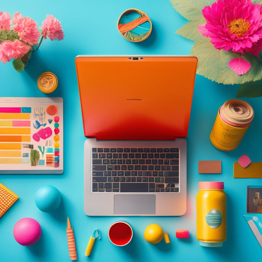 A bright and colorful illustration featuring a laptop with a Etsy website open, surrounded by digital files, folders, and a few craft supplies, with a subtle background of a creative workspace.