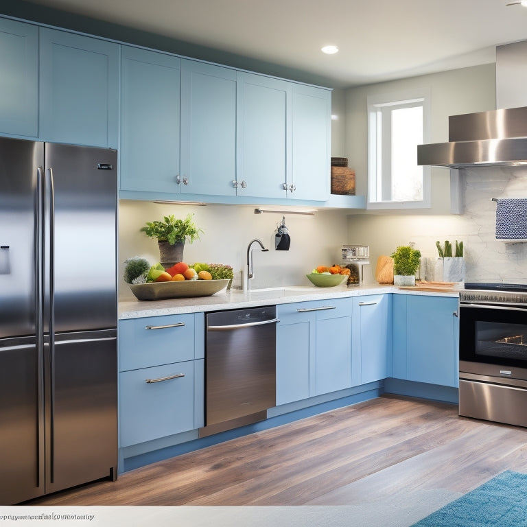 A modern kitchen interior with a large, sleek island and stainless steel appliances, featuring a Google Slides screen on the kitchen counter displaying a customizable kitchen design template.