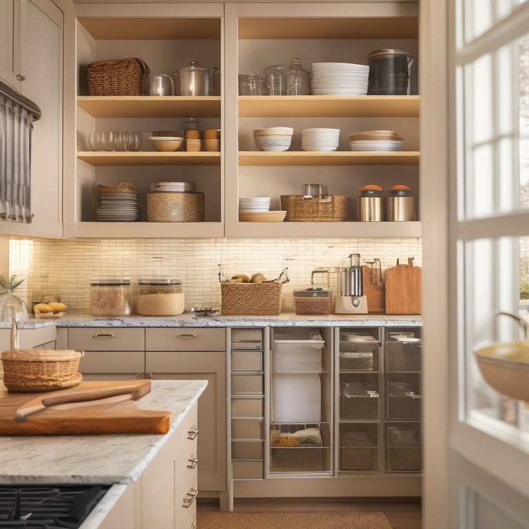 A clutter-free kitchen cabinet with double-layered shelves, baskets, and dividers, featuring a utensil organizer, spice rack, and a pull-out trash can, illuminated by soft, warm lighting.