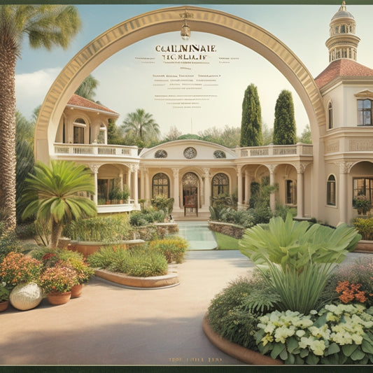 A warm, inviting illustration featuring a stylized, curved timeline with six distinct sections, each showcasing a different architectural style, from ornate colonial to modern California, with lush greenery and subtle decorative elements.