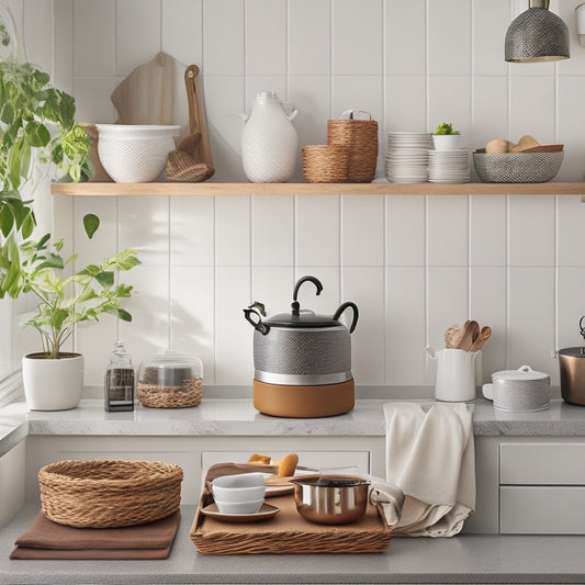 A bright, organized kitchen with a minimalist aesthetic, featuring a utensil holder on the countertop, a few strategically placed baskets, and a clean, clutter-free island with a single, steaming cup of coffee.