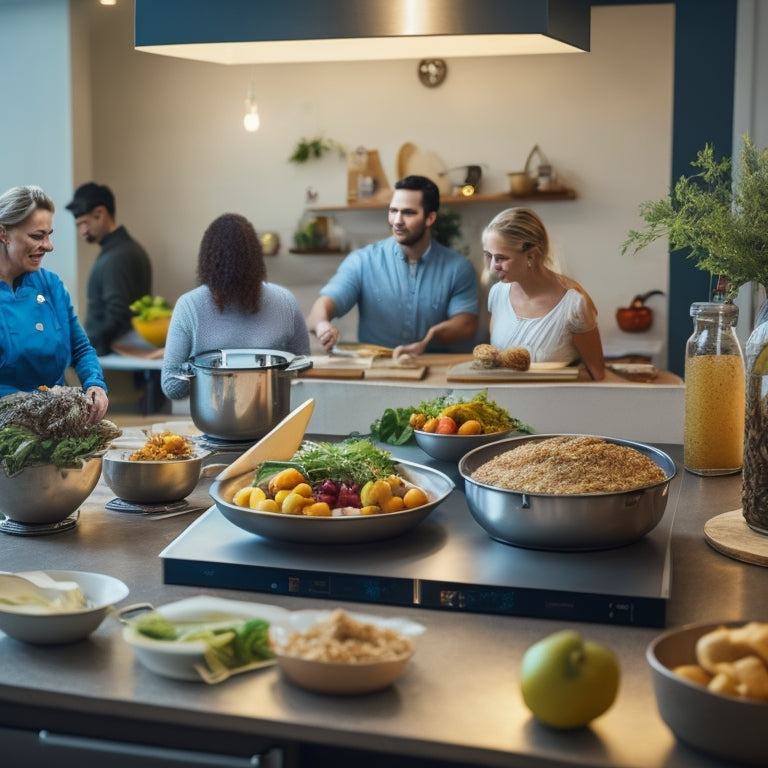 A warm and inviting kitchen scene with a large screen displaying a live cooking class, surrounded by utensils, ingredients, and a few students cooking alongside the virtual instructor.