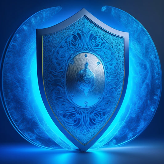 A shield with a glowing blue outline, surrounded by swirling patterns of 1s and 0s, with a subtle gradient background that transitions from dark blue to light blue, conveying a sense of digital protection.