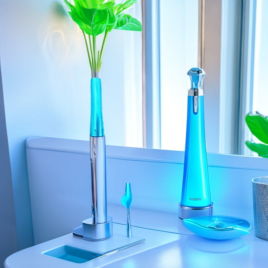 A futuristic, sleek, and modern cordless water flosser with a metallic finish and LED lights, placed on a clean, white bathroom counter, surrounded by dental mirrors and tools.