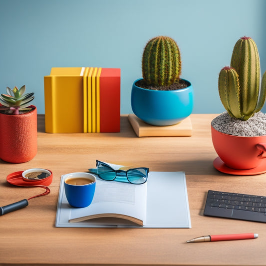 A minimalist desk setup with a trio of vibrant, differently colored planners, each with a unique cover design, surrounded by a few carefully placed pens, a small potted succulent, and a steaming cup of coffee.