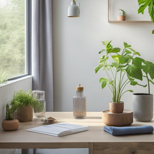 A serene, minimalist room with a few, carefully selected, eco-friendly items, natural light pouring in, and a few potted plants surrounding a small, wooden desk with a single, reusable water bottle.