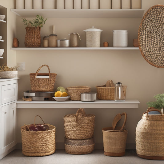 A tidy kitchen corner with a sleek, wall-mounted shelf holding three wicker baskets, a utensil organizer with dividers, and a small, round turntable for spices.