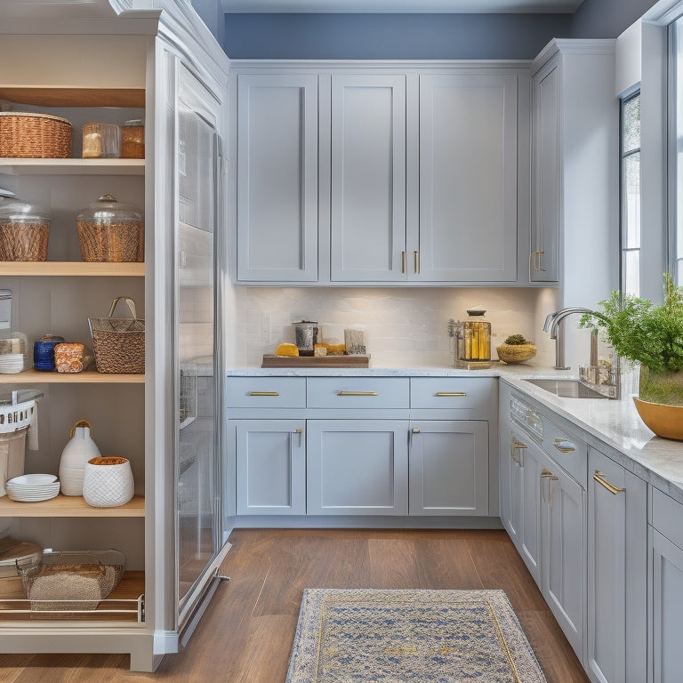 A bright, modern kitchen with a sleek, floor-to-ceiling pantry featuring pull-out shelves, baskets, and a built-in coffee station, surrounded by gleaming appliances and polished countertops.