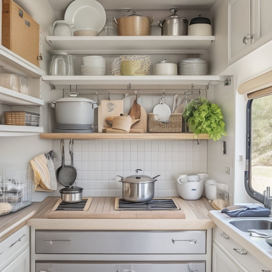 A cluttered RV kitchen with pots, pans, and utensils scattered about, contrasted with a sleek, organized space featuring pull-out drawers, adjustable shelving, and a pegboard with hooks, all in a modern, neutral color scheme.