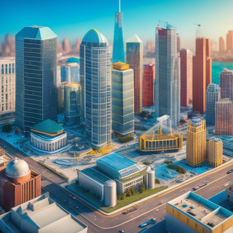 An illustration of a cityscape with cranes and skyscrapers under construction, surrounded by rolled-up blueprints, scattered papers, and miniature 3D models of buildings, with a background of overlapping real estate maps.