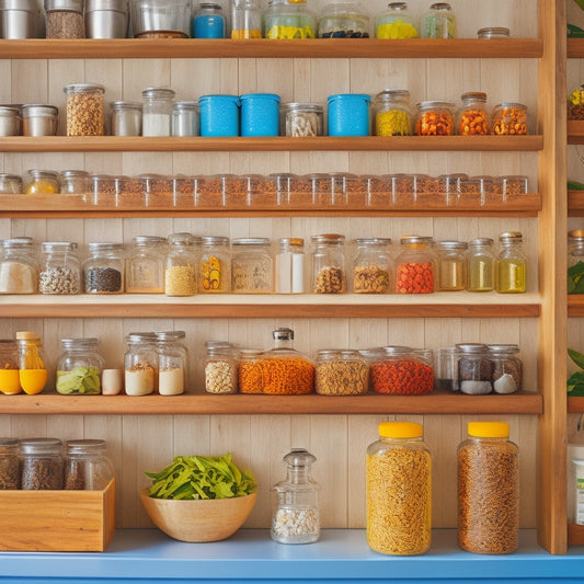 A bright, modern kitchen with a pegboard on the wall, holding small glass jars with colorful spices, and a matching wooden spice rack on the counter, filled with neatly labeled bottles.