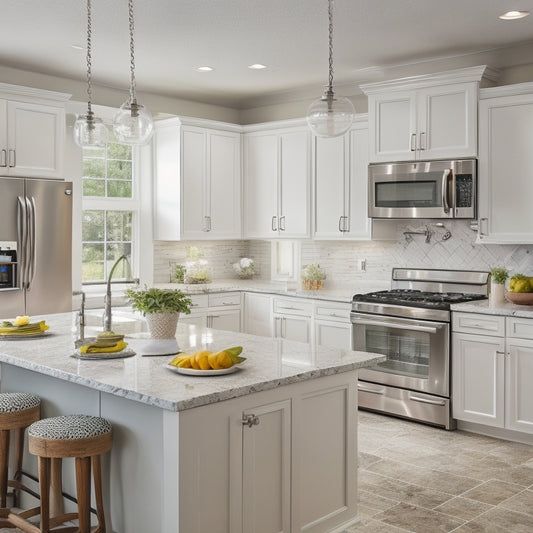 A bright and modern kitchen with sleek white cabinets, granite countertops, and stainless steel appliances, surrounded by rows of kitchen islands, faucets, and decorative tile samples on display.