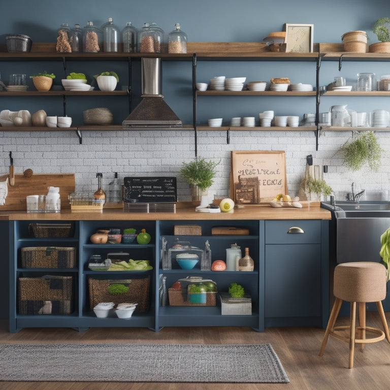 A bright, modern kitchen with open shelves and a large island, featuring various inventory trackers, including a chalkboard wall, a pegboard with baskets, and a digital tablet mounted on the wall.