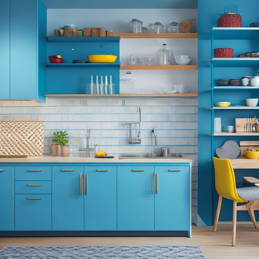 A sleek, modern kitchen with a compact footprint, featuring a wall-mounted pegboard with hanging utensils, a pull-down kitchen table, and a set of nested, colorful storage bins.