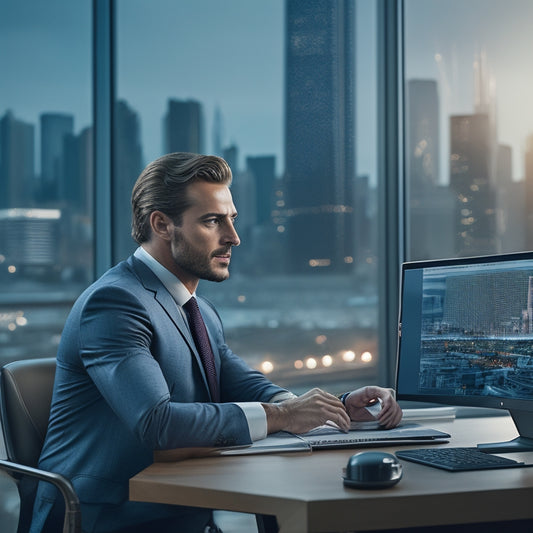 A professional businessman sitting at a desk with a laptop and a cityscape in the background, surrounded by organized files and a calendar, with a subtle grid of emails on the laptop screen.