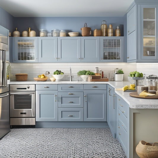 A bright, modern kitchen with sleek cabinets, a large island, and a stainless steel refrigerator, featuring various organizers like baskets, hooks, and a pegboard, all neatly arranged and clutter-free.