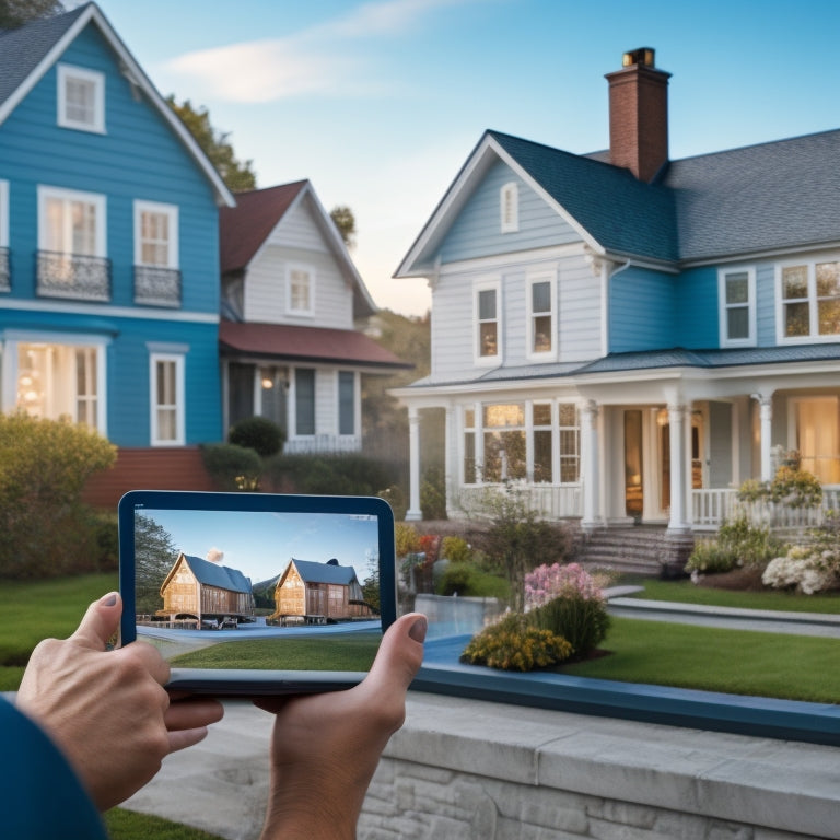 A split-screen image featuring a person holding a tablet with multiple house listings on the screen, juxtaposed with a person holding a clipboard with a checklist, surrounded by miniature house models in the background.