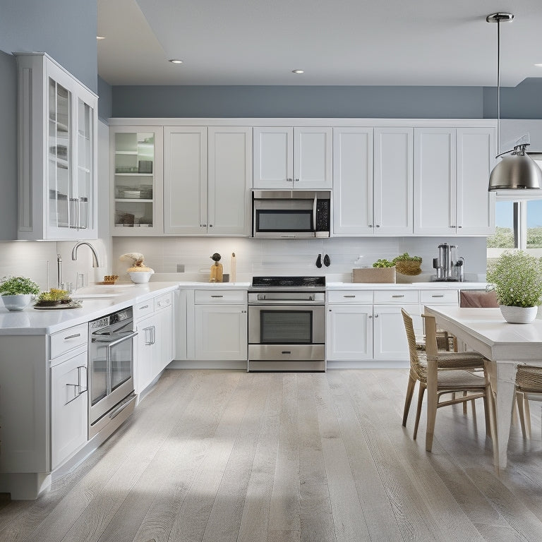 A modern kitchen with sleek white cabinets, stainless steel appliances, and a large island, surrounded by floor-to-ceiling windows, with a laptop and a set of rolled-up blueprints on the counter.