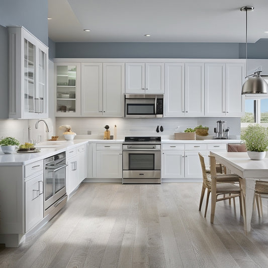 A modern kitchen with sleek white cabinets, stainless steel appliances, and a large island, surrounded by floor-to-ceiling windows, with a laptop and a set of rolled-up blueprints on the counter.