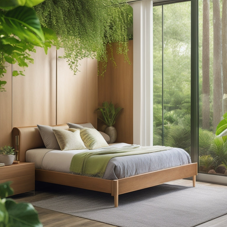 A serene, minimalist bedroom with a sleek, wall-mounted Alegra Murphy bed in a warm wood tone, surrounded by lush green plants and soft, golden lighting.