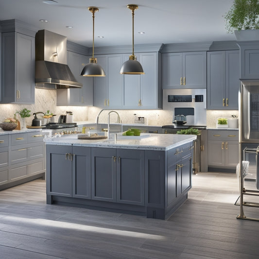 A modern, well-lit kitchen with sleek cabinetry and gleaming countertops, featuring a U-shaped layout with a large island at its center, surrounded by three walls with varying heights and depths.