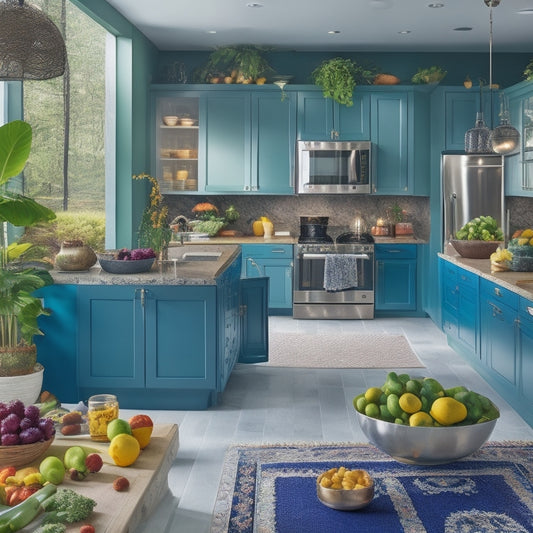 A vibrant, modern kitchen with sleek appliances and a large island, surrounded by lush greenery and overflowing fruit bowls, featuring a prominent display of Regal Kitchen Foods' plant-based products.