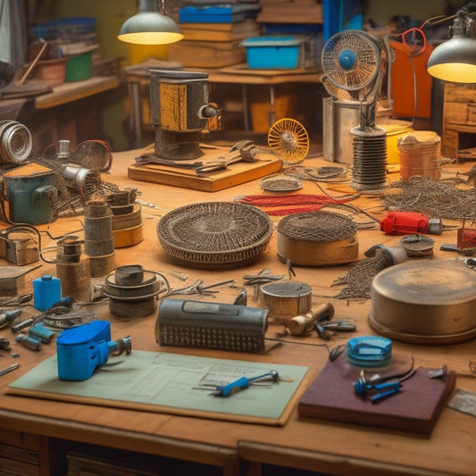 A cluttered workshop table with various Hunter fan models, manuals stacked in the background, and an assortment of screws, wires, and spare parts scattered around a central, open fan casing.