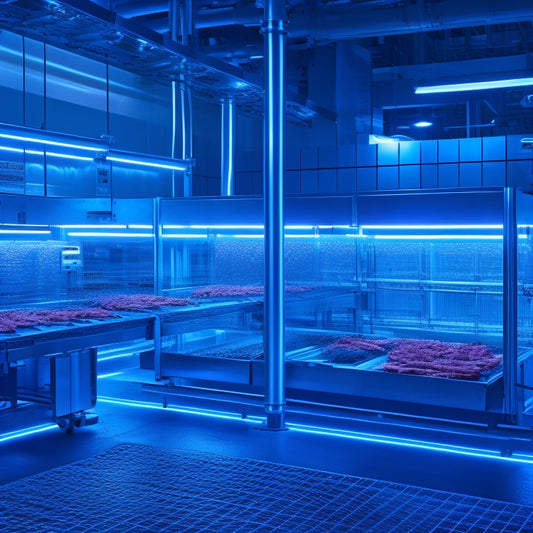 A futuristic, high-tech meat processing facility with sleek stainless steel machinery, conveyor belts, and rows of hanging meat hooks, illuminated by bright blue LED lights and surrounded by subtle circuit board patterns.