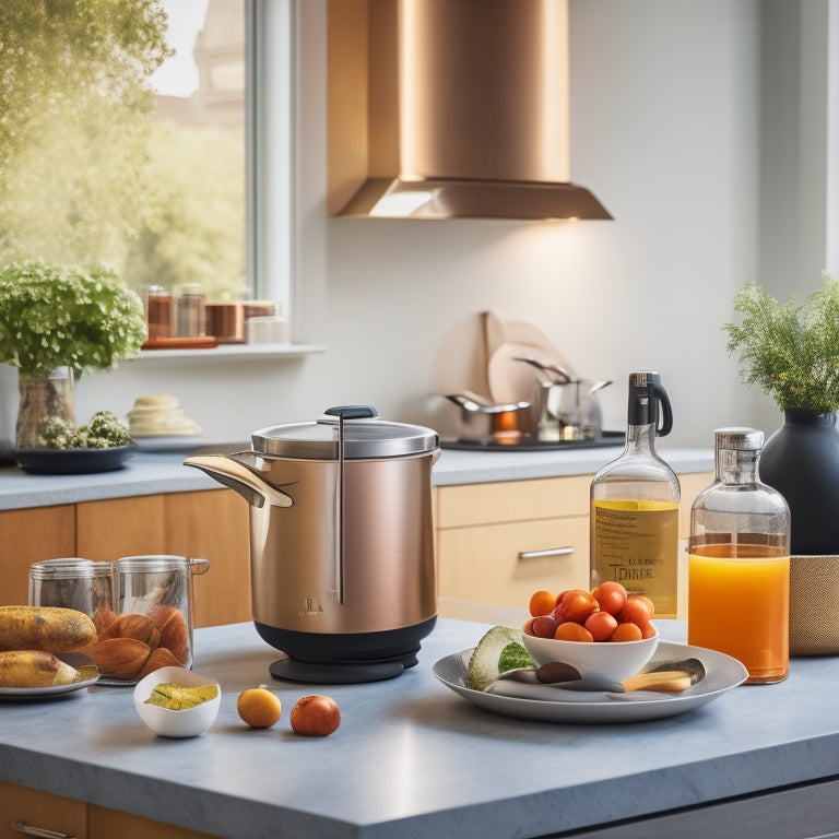 A sleek, modern kitchen with a stainless steel Thermomix TM6 centered on a granite countertop, surrounded by fresh vegetables, a cookbook, and a few artfully arranged utensils, bathed in warm, golden light.