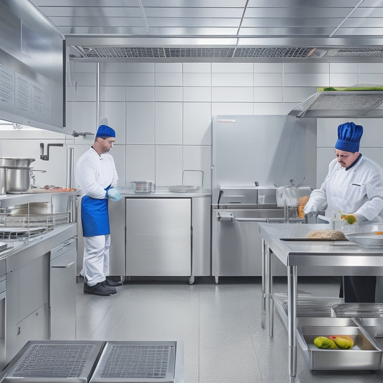 A clean and organized commercial kitchen with stainless steel countertops, a thermometer on a refrigerator, a chef in a hairnet and gloves, and a calendar with a checklist on the wall.