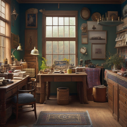 A serene, well-lit room with a large wooden worktable at its center, surrounded by eclectic craft supplies, colorful fabrics, and inspirational artwork on the walls.