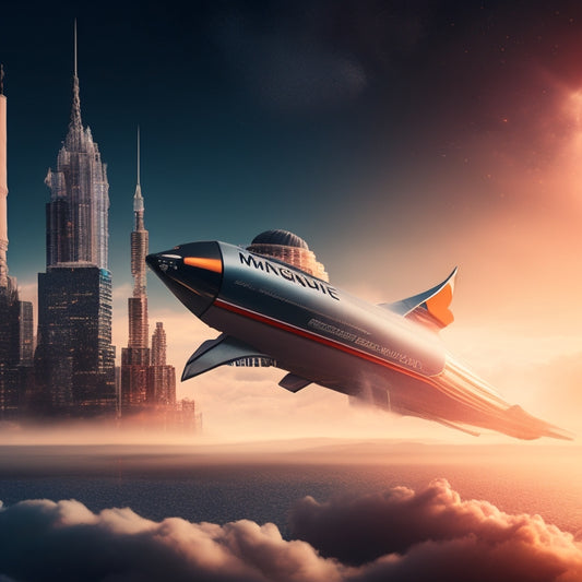 A futuristic illustration of a Magento 2 website rising like a rocket from a Digital Ocean wave, surrounded by speeding clouds, gears, and circuits, with a subtle cityscape in the background.