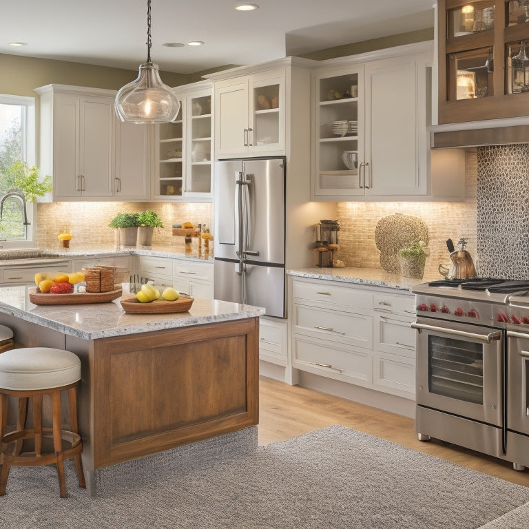 A warm, inviting kitchen with a dedicated baking station: marble countertops, wooden cabinets, stainless steel appliances, and a large, center island with a built-in mixer and utensil organizers.