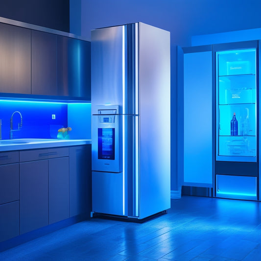 A sleek, modern kitchen with Samsung's futuristic appliances, including a touch-screen refrigerator, a smart oven with a see-through door, and a minimalist dishwasher with a glowing blue LED strip.