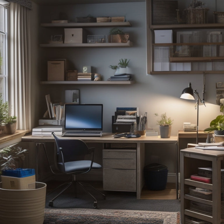 A tidy, well-lit home office with a laptop, notebook, and various organizational tools like folders, labels, and a label maker, surrounded by neatly categorized storage bins and shelves.