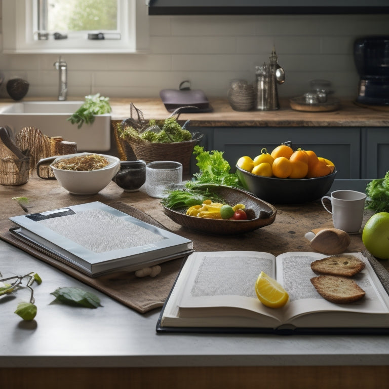 A messy kitchen counter with open cookbooks, scattered recipe printouts, and utensils, contrasted with a sleek tablet displaying a tidy digital cookbook, surrounded by a few neatly arranged ingredients.