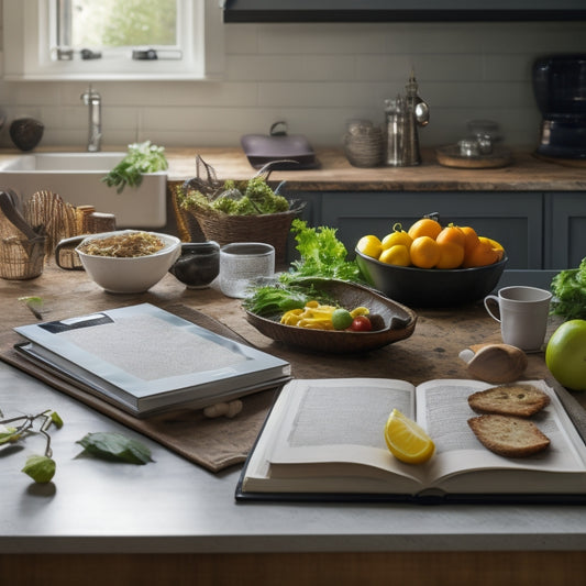 A messy kitchen counter with open cookbooks, scattered recipe printouts, and utensils, contrasted with a sleek tablet displaying a tidy digital cookbook, surrounded by a few neatly arranged ingredients.