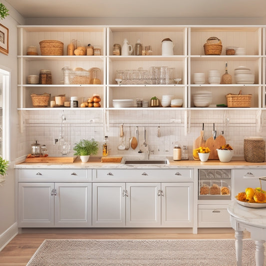 A serene, well-lit kitchen with white cabinets, marble countertops, and warm wood accents, featuring a pegboard with hanging utensils, a pull-out spice rack, and a neatly organized pantry with labeled baskets.