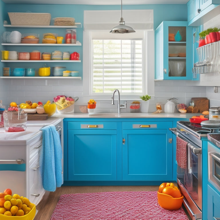 A bright, modern kitchen with a fridge featuring colorful, labeled baskets, tiered shelves, and a chalkboard door, surrounded by a sparkling clean countertop and a few strategically placed kitchen utensils.