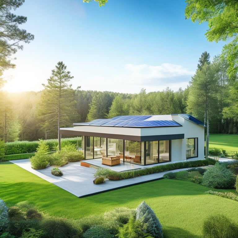 A serene, modern eco-friendly home with solar panels, green roof, and a garden, surrounded by lush trees and a bright blue sky with fluffy white clouds, conveying a sense of harmony and sustainability.