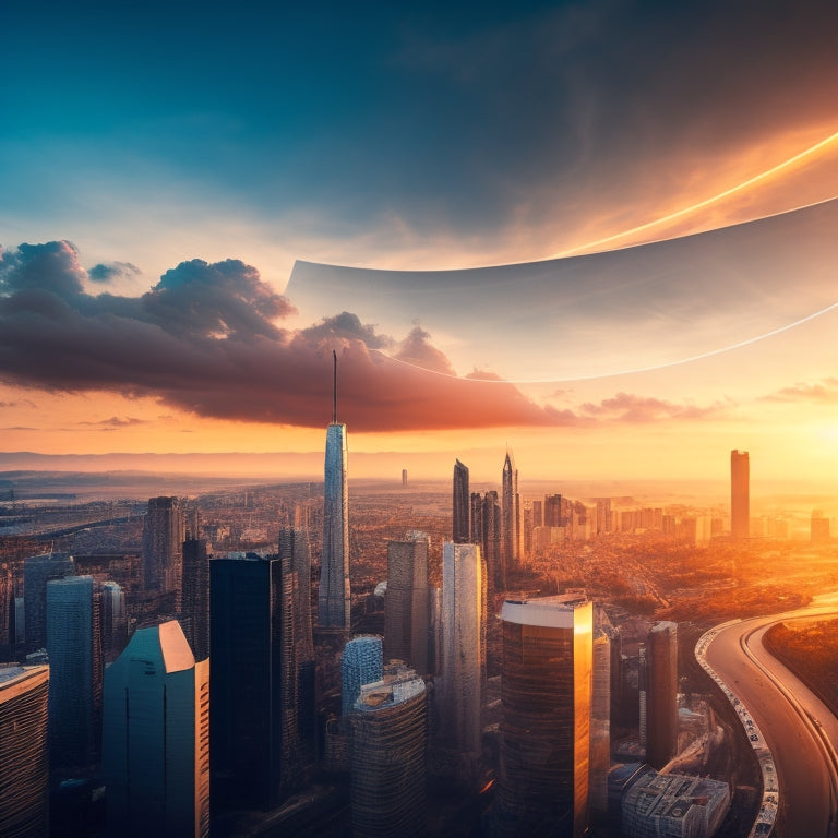 A futuristic graph with a rising curve, surrounded by swirling clouds of ones and zeros, with a subtle background of a cityscape at sunrise, symbolizing digital growth and innovation.