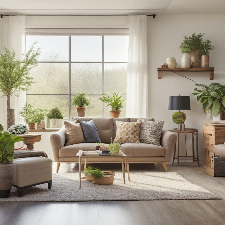 A bright, airy living room with a neutral-colored sofa, minimal decor, and a few potted plants, set against a backdrop of a "Sold" sign and a moving truck parked outside.