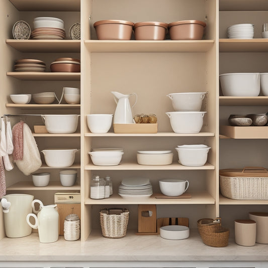 A tidy kitchen cabinet with open doors, showcasing organized stacks of plates, bowls, and cups, accompanied by a few strategically placed baskets, hooks, and a small trash can, amidst a warm beige and white background.